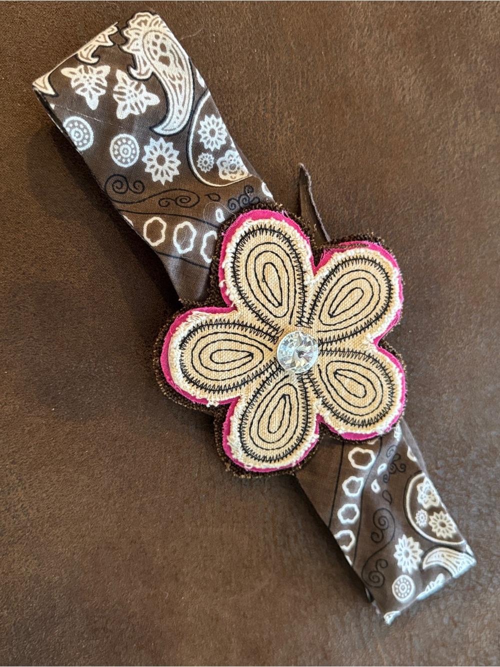 Handcrafted Floral Embroidered Brown Band Headband with Pink Accent